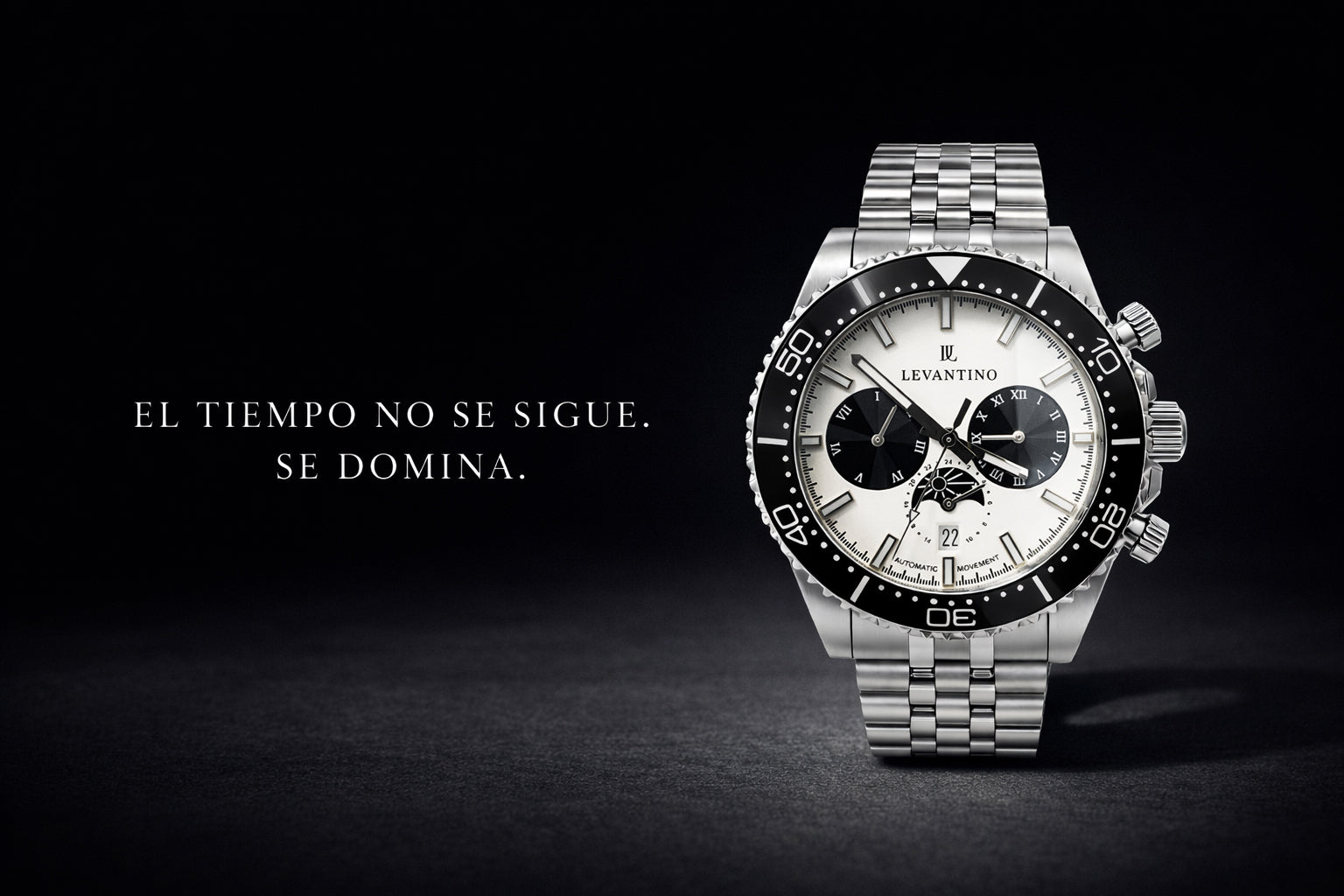 Corintio reloj negro y blanco acero inoxidable 316L Marcador de dia de la semana, marcador de mes, marcador de 24h visor de dia. Reloj automatico. Automatic Watch