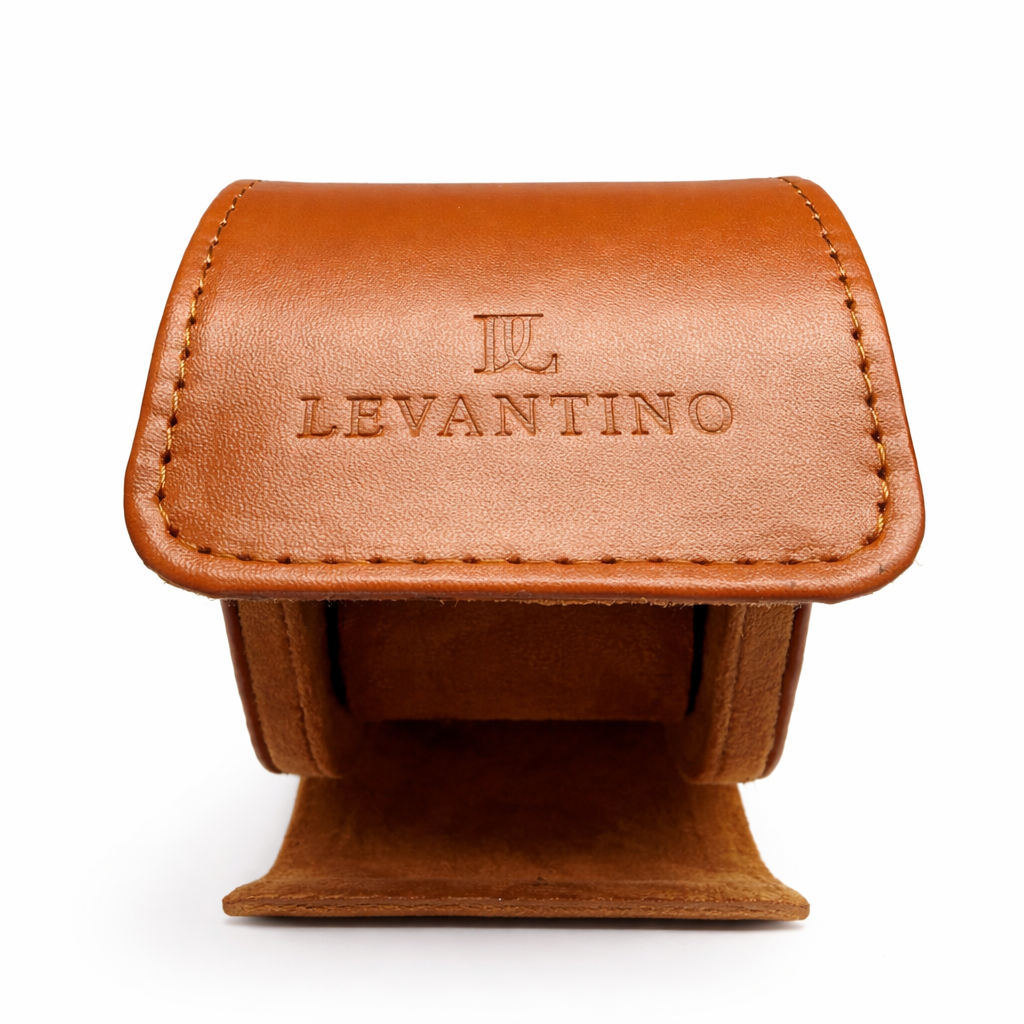 estuche de cuero marron viaje viajero portatil sintetico levantino vista planta abierto