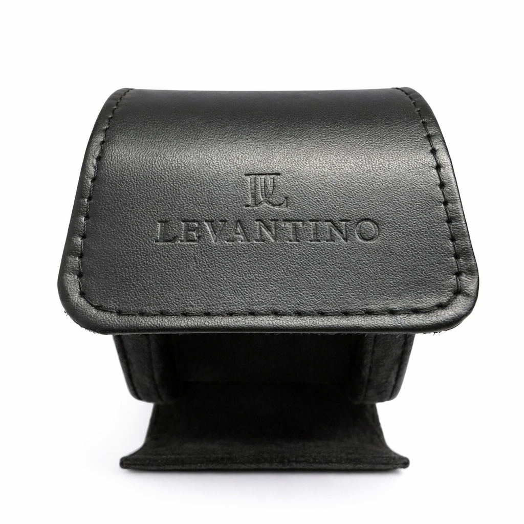 estuche de cuero negro viaje viajero portatil sintetico levantino vista planta abierto