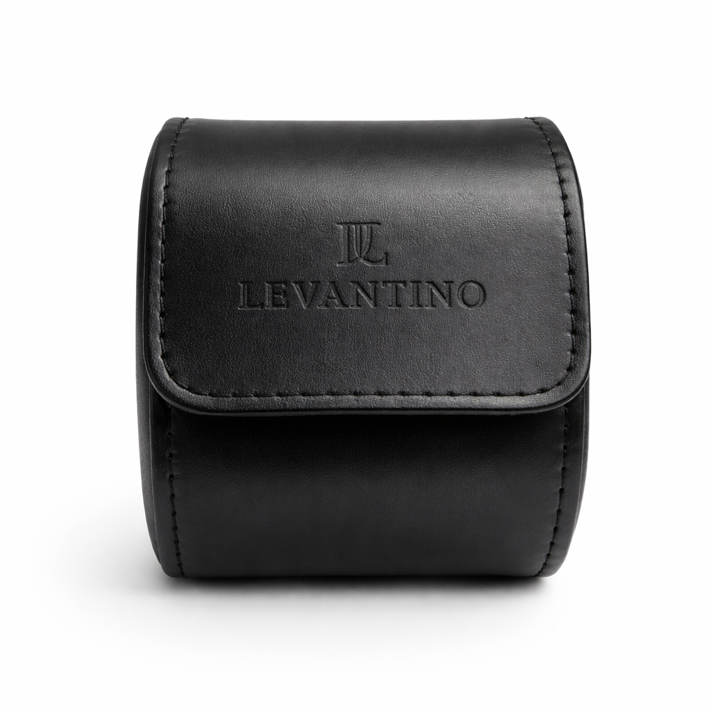 estuche de cuero negro viaje viajero portatil sintetico levantino vista planta frontal